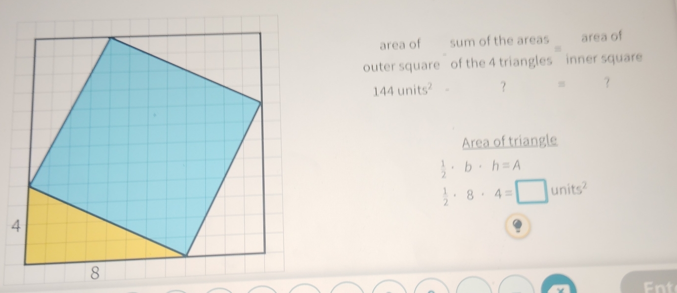 area of sum of the areas area of 
outer square of the 4 triangles inner square
144units^(2° ？ 
？ 
Area of triangle
frac 1)2· b· h=A
 1/2 · 8· 4=□ units^2