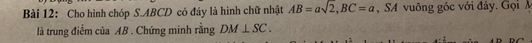 Cho hình chóp S. ABCD có đáy là hình chữ nhật AB=asqrt(2), BC=a , SA vuông góc với đáy. Gọi M 
là trung điểm của AB. Chứng minh rằng DM⊥ SC.