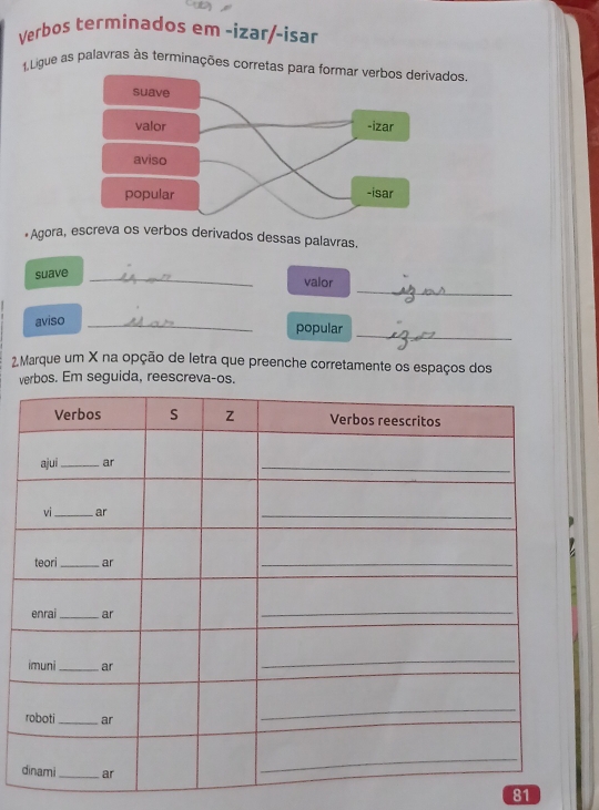 Verbos terminados em -izar/-isar 
1,Ligue as palavras às terminações corretas para dos 
*Agora, escreva os verbos derivados dessas palavras 
suave_ 
_ 
valor 
_ 
aviso_ 
popular 
2 Marque um X na opção de letra que preenche corretamente os espaços dos 
verbos. Em seguida, reescreva-os, 
81