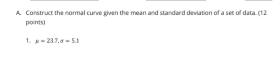 Construct the normal curve given the mean and standard deviation of a set of data. (12 
points) 
1. mu =23.7, sigma =5.1