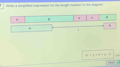 Write a simplified expression for the length marked  in the diagram:
3x+y+d+a-b cm 
Reset