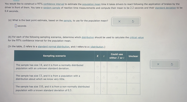 You would like to construct a 95% confidence interval to estimate the population mean time it takes drivers to react following the application of brakes by the 
driver in front of them. You take a random sample of reaction time measurements and compute their mean to be 2.2 seconds and their standard deviation to be
0.4 seconds. 
(a) What is the best point estimate, based on the sample, to use for the population mean? ×
seconds
(b) For each of the following sampling scenarios, determine which distribution should be used to calculate the critical value 
for the 95% confidence interval for the population mean. 
(In the table, Z refers to a standard normal distribution, and f refers to a t distribution.) 
×