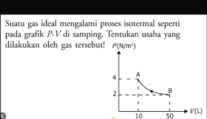 Suatu gas ideal mengalami proses isotermal seperti
pada grafik P-V di samping. Tentukan usaha yang
dilakukan oleh gas tersebut!
10 50