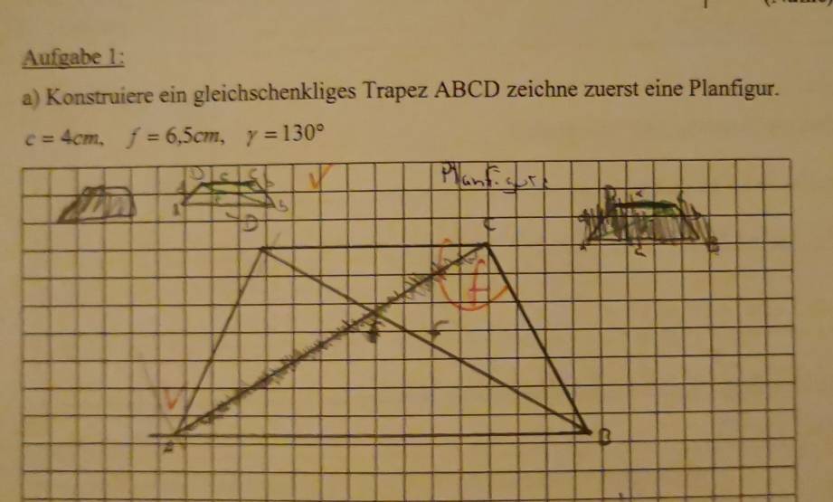 Aufgabe 1: 
a) Konstruiere ein gleichschenkliges Trapez ABCD zeichne zuerst eine Planfigur.
c=4cm, f=6,5cm, y=130°