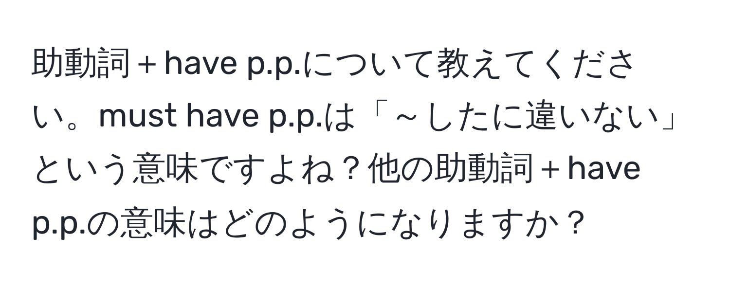 助動詞＋have p.p.について教えてください。must have p.p.は「～したに違いない」という意味ですよね？他の助動詞＋have p.p.の意味はどのようになりますか？