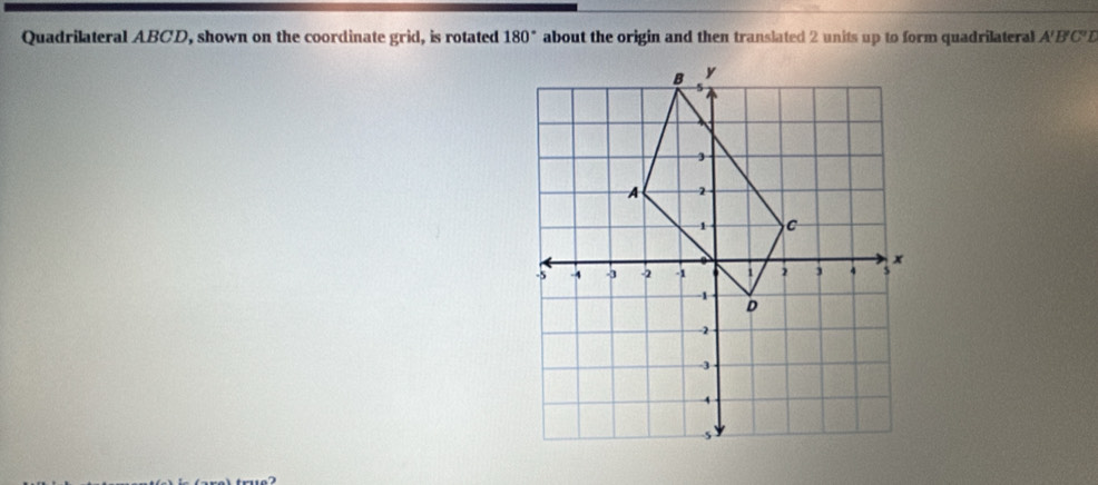 Quadrilateral ABCD, shown on the coordinate grid, is rotated 180° about the origin and then translated 2 units up to form quadrilateral A' B'C