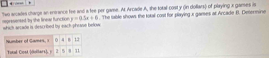 A t Liston 
Two arcades charge an entrance fee and a fee per game. At Arcade A, the total cost y (in dollars) of playing x games is 
represented by the linear function y=0.5x+6. The table shows the total cost for playing x games at Arcade B. Determine 
which arcade is described by each phrase below.