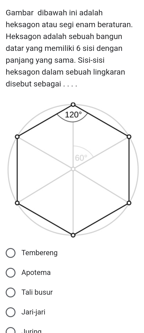 Gambar dibawah ini adalah
heksagon atau segi enam beraturan.
Heksagon adalah sebuah bangun
datar yang memiliki 6 sisi dengan
panjang yang sama. Sisi-sisi
heksagon dalam sebuah lingkaran
disebut sebagai . . . .
Tembereng
Apotema
Tali busur
Jari-jari
lurina