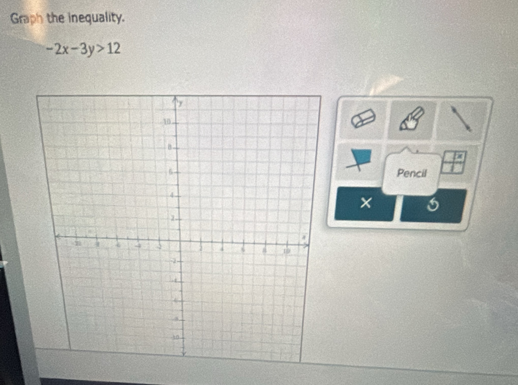 Graph the inequality.
-2x-3y>12
Pencil 
×