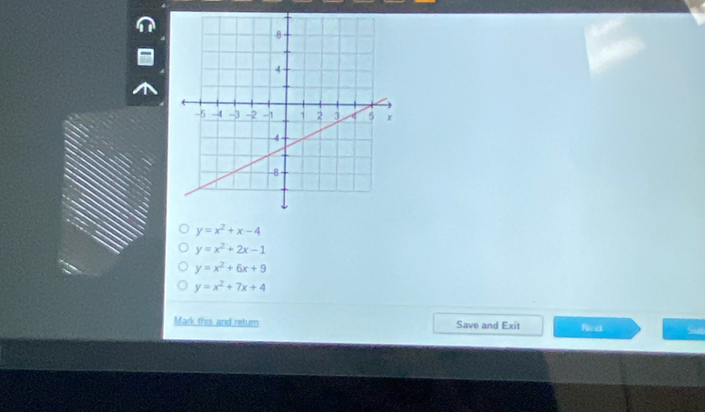 y=x^2+x-4
y=x^2+2x-1
y=x^2+6x+9
y=x^2+7x+4
Mark this and return Save and Exit Next Sed