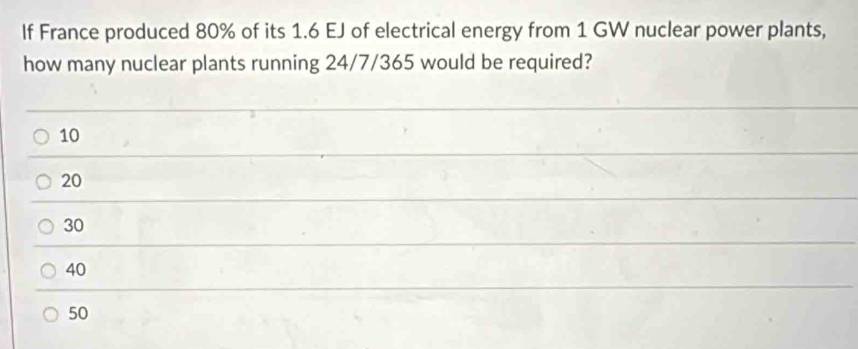 If France produced 80% of its 1.6 EJ of electrical energy from 1 GW nuclear power plants,
how many nuclear plants running 24/7/365 would be required?
10
20
30
40
50