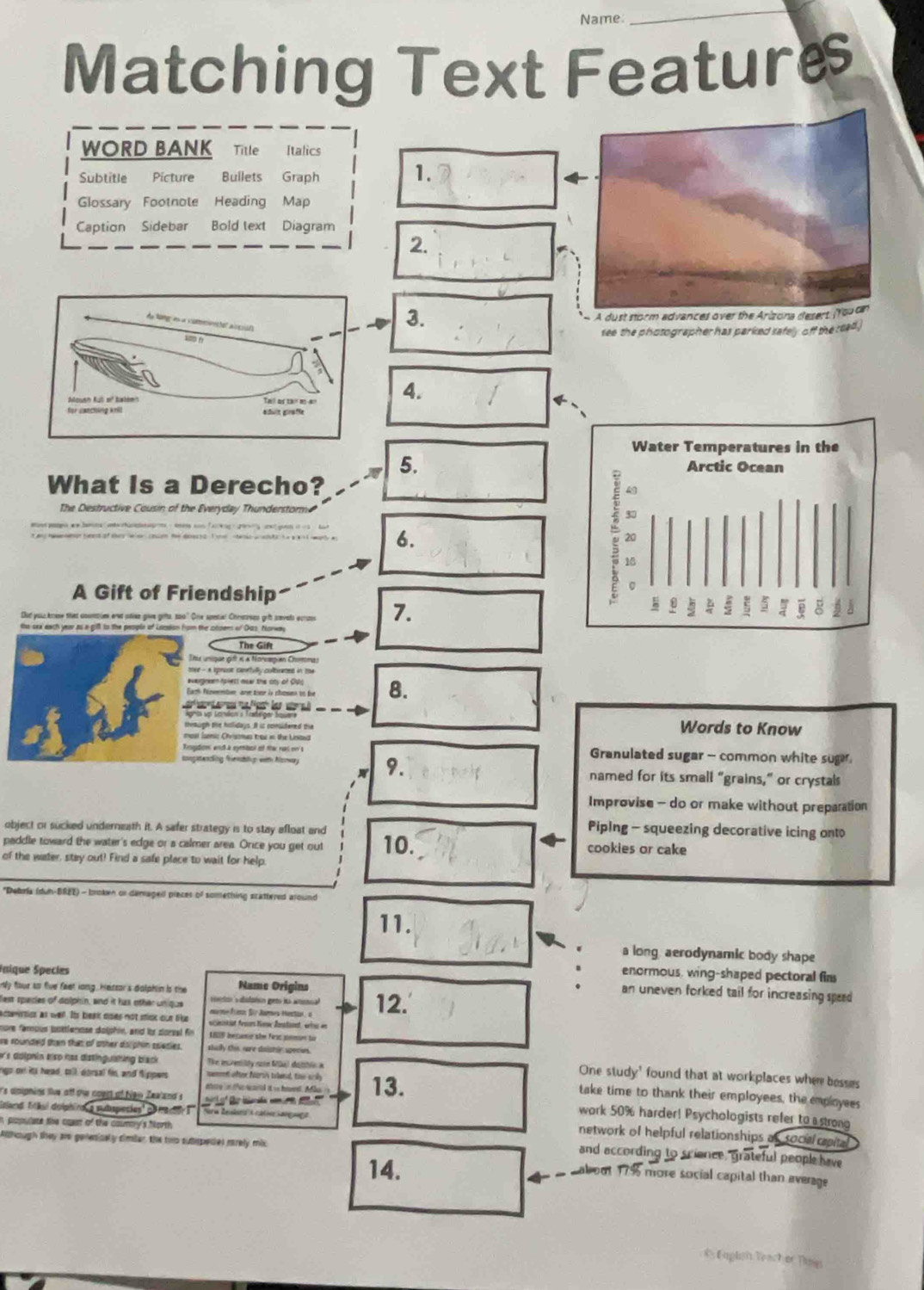 Name
_
Matching Text Feature
WORD BANK Title Italics
Subtitle Pícture Bullets Graph
1.
Glossary Footnote Heading Map
Caption Sidebar Bold text Diagram
2.
3.
see the photographer has parked safely off the reed .
4.
5. 
What is a Derecho?
The Destructive Cousin of the Everyday Thunde
6.
A Gift of Friendship 
7.
8.
Words to Know
 9.
Granulated sugar - common white sugar
named for its small “grains,” or crystals
Improvise - do or make without preparation
object or sucked undernizath it. A safer strategy is to stay afloat and
Piping - squeezing decorative icing ont
paddle toward the water's edge or a calmer area. Orice you get out 10. cookies or cake
of the water, stay out! Find a safe place to wait for help
*Debria (dun-BREE) - broken or demaged pinces of something stattered around
11.
a long aerodynamic body shape
S pique S pecier
enormous, wing-shaped pectoral fim
my four to five feet long. Hetsor's dalphin is the Name Origins
an uneven forked tail for increasing sped 
lest species of dolphin, and it has other unique nume frem für Jaes Hestan, o 12.'
voetos v ibstatón gets iá aoensal
actesticn as wall. Its beak does not misk our like eceantiat roor Nene Ronataset, eri ==
nore famous bottlenese dolphin, and by corsel fin  1809 Inecuoe ühe Frsc somme tü
re roundeld tan that of other as phim spesies.
#s dolphin tiso has distinguahing black The encreniity non Mlal dotsbln a
ngo on is head, tall, dorsal fin, and fippers
One study' found that at workplaces when besses
hire in t rncarld it so hoven. Ml
rs dimiphins live aff the coest of hen  Zealand  13. take time to thank their employees, the empinyees
Ssland, Tkal delphinsia subspecies' de mador 
work 50% harder! Psychologists refer to astrong
network of helpful relationships as socal rpit 
Ahough they are genenicaly simier, the two sumepedes mrely mic
n populate the cosst of the counory's Morth and according to science, grateful peopl have
14.
about 17% more social capital than average
* Euglish Teacher Times