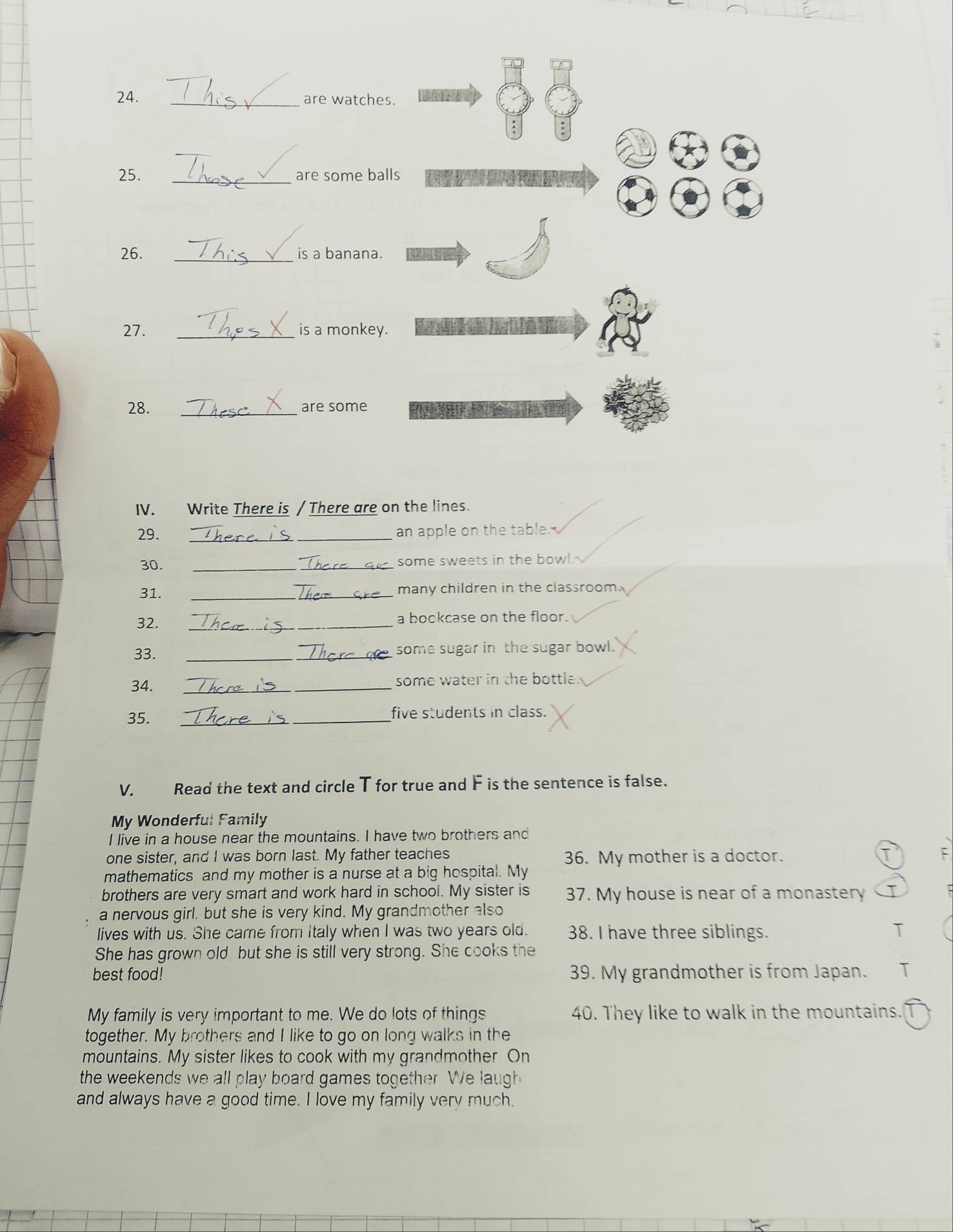 are watches 
25. _are some bal 
26. _is a banana. 
27. _is a monkey. 
28. _are some 
IV. Write There is / There are on the lines. 
29. _an apple on the table. 
30. __some sweets in the bowl. 
31. _many children in the classroom. 
32. _a bookcase on the floor. 
33. __some sugar in the sugar bowl. 
34. __some water in the bottle. 
35. _five students in class. 
V. Read the text and circle T for true and F is the sentence is false. 
My Wonderful Family 
I live in a house near the mountains. I have two brothers and 
one sister, and I was born last. My father teaches 36. My mother is a doctor. 
mathematics and my mother is a nurse at a big hospital. My 
brothers are very smart and work hard in school. My sister is 37. My house is near of a monastery 
a nervous girl, but she is very kind. My grandmother also 
lives with us. She came from Italy when I was two years old. 38. I have three siblings. 
She has grown old, but she is still very strong. She cooks the 
best food! 39. My grandmother is from Japan. 
My family is very important to me. We do lots of things 40. They like to walk in the mountains. 
together. My brothers and I like to go on long walks in the 
mountains. My sister likes to cook with my grandmother On 
the weekends we all play board games together. We laugh 
and always have a good time. I love my family very much.