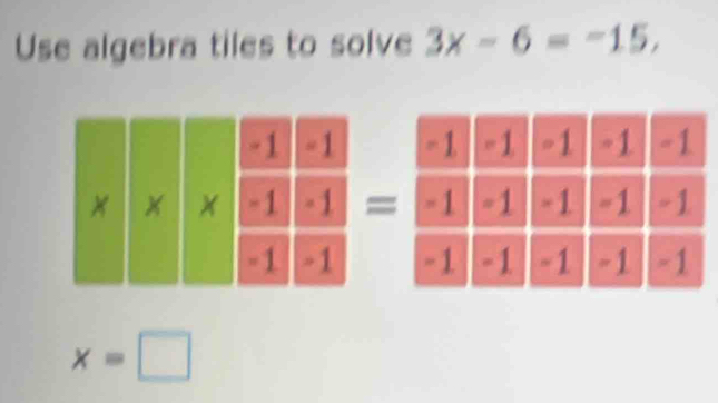 Use algebra tiles to solve 3x-6=-15, 

=

x=□