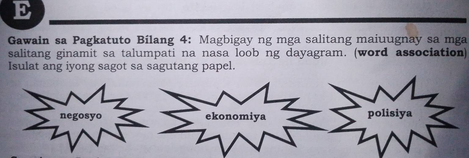 Gawain sa Pagkatuto Bílang 4: Magbigay ng mga salitang maiuugnay sa mga 
salitang ginamit sa talumpati na nasa loob ng dayagram. (word association) 
Isulat ang iyong sagot sa sagutang papel.