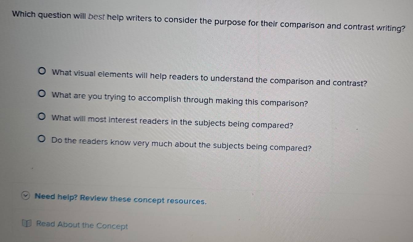 Which question will best help writers to consider the purpose for their comparison and contrast writing?
What visual elements will help readers to understand the comparison and contrast?
What are you trying to accomplish through making this comparison?
What will most interest readers in the subjects being compared?
Do the readers know very much about the subjects being compared?
Need help? Review these concept resources.
Read About the Concept