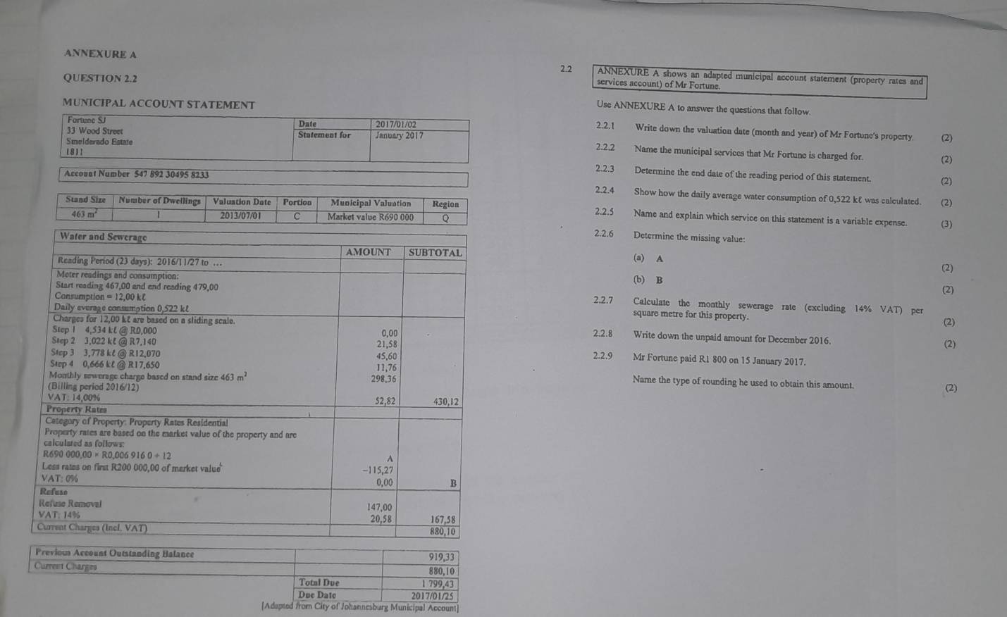 Solved: ANNEXURE A 2.2 ANNEXURE A shows an adapted municipal account ...