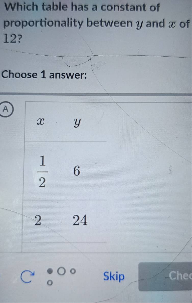 Which table has a constant of
proportionality between y and x of
12?
Choose 1 answer:
A
Skip Che