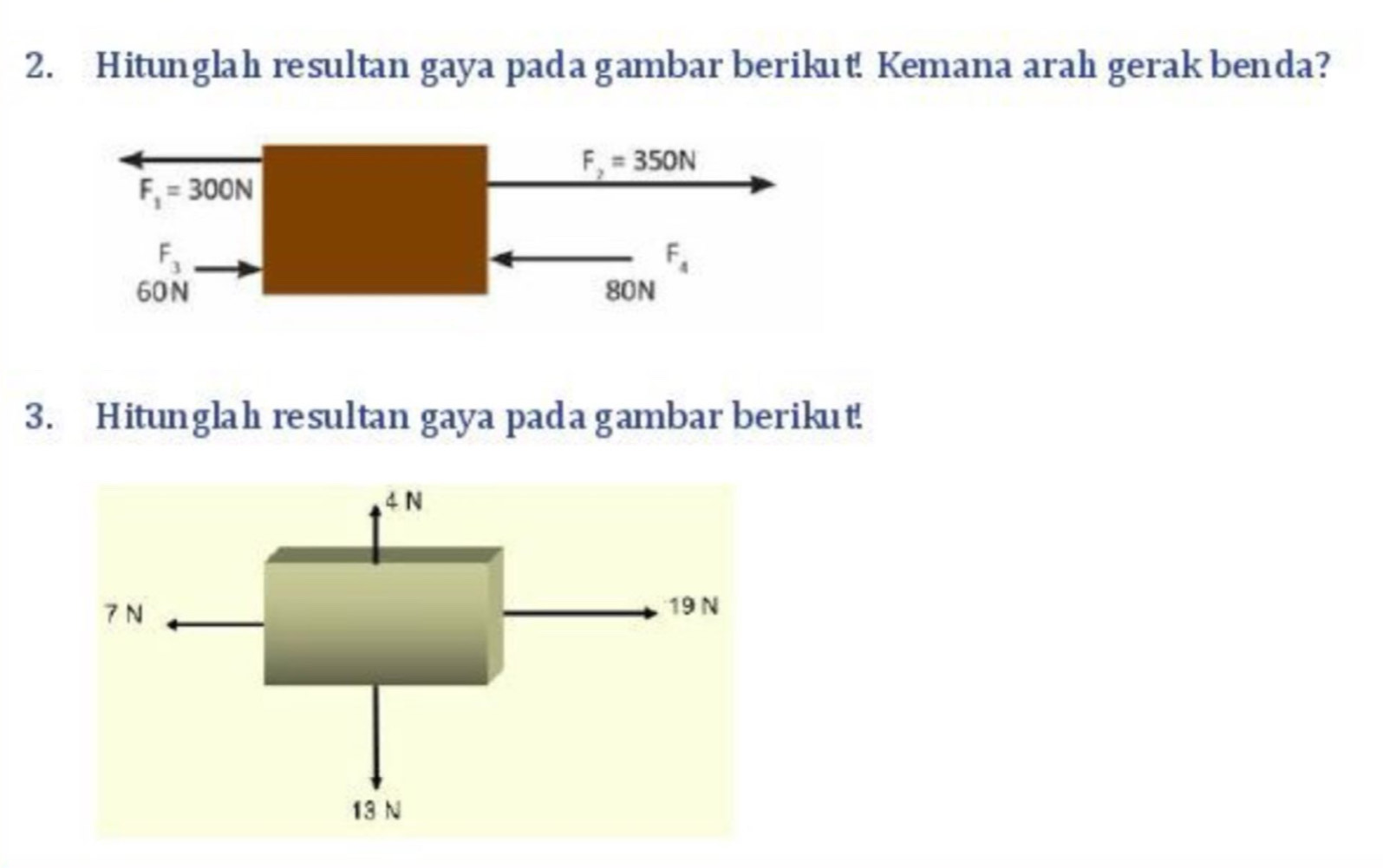 Hitunglah resultan gaya pada gambar berikut! Kemana arah gerak benda?
F_2=350N
F_1=300N
F_3
F_4
60N 80N
3. Hitunglah resultan gaya pada gambar berikut!