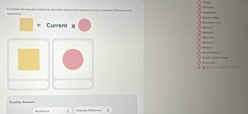 Theary
Complete the equation below to show the relationship between current, potential difference and Voriables
resistance. Hypothesis
Results Table I
Equipment List
Current x Method I
Method III
Method ill
Method IV
Method V
Resuits Table II
Results: Scatter Graph
Conclusion
Possible Answers
Resistance Potential Difference