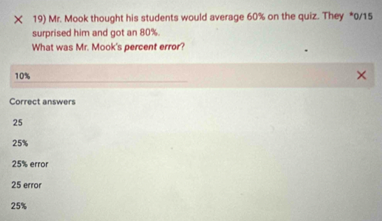 × 19) Mr. Mook thought his students would average 60% on the quiz. They * 0/15
surprised him and got an 80%.
What was Mr. Mook's percent error?
10%
Correct answers
25
25%
25% error
25 error
25%