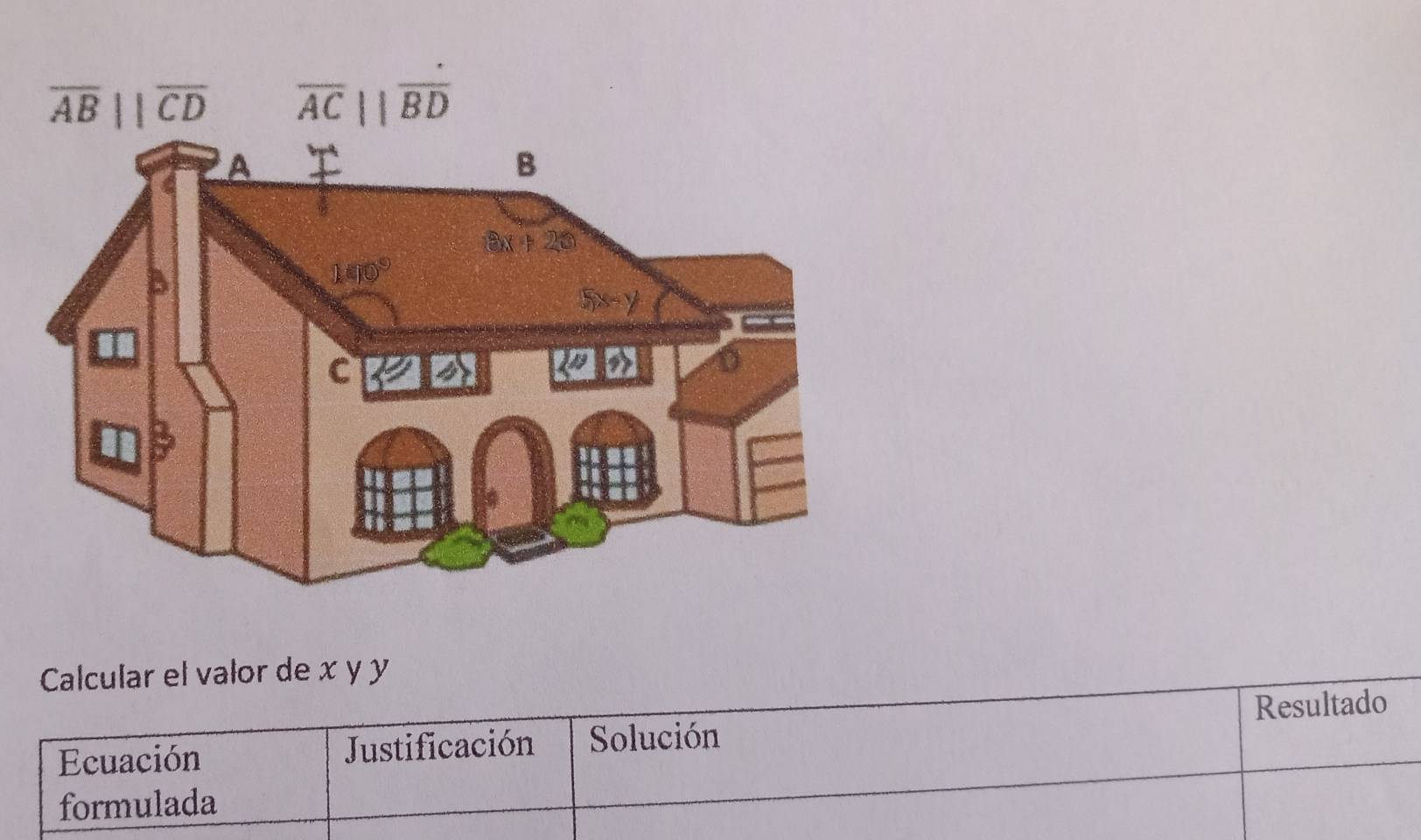 Calcular el valor de x y y
Ecuación Justificación Solución Resultado
formulada