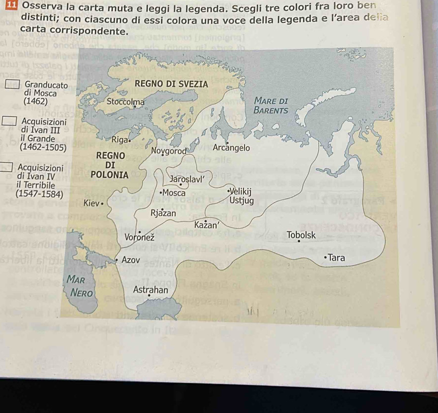 Osserva la carta muta e leggi la legenda. Scegli tre colori fra loro ben 
distinti; con ciascuno di essi colora una voce della legenda e l’area delia 
carta corrispondente.