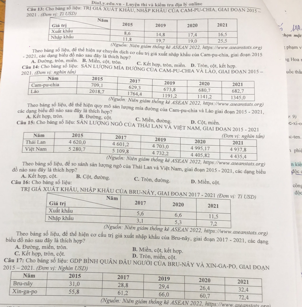 DiaLy.edu.vn - Luyện thi và kiểm tra địa lý online
Câu 13: Cho bảng số liệu: TRJ GIÁ XUÁT KHÁU, NHÁP KHÂU CUA CAM-PU-CHIA, GIAI ĐOẠN 2015 -
20
MA
:họn một
ên giám thống kê ASEAN 2022, https://www.aseanstats.org) ; phạm v
Theo bảng số liệu, để thể hiện sự chuyển dịch cơ cấu trị giá xuất nhập khẩu của Cam-pu-chia, giai đoạn 2015
- 2021, các dạng biểu đồ nào sau đây là thích hợp?
g Hoa
A. Đường, tròn, miền. B. Miền, cột, tròn. C. Kết hợp, tròn, miền. D. Tròn, cột, kết hợp.
Câu 14: Cho bảng số liệu: SAN LƯợNG MÍA ĐƯỜNG CUA CAM-PU-CHIA
uốc thấ
ê ASEAN 2022, https://www.aseanstats.org)
Theo bảng số liệu, đề thể hiện quy mô sản lượng mía đường của Cam-pu-chia và Lào giai đoạn 2015 - 2021,
các dạng biểu đồ nào sau đây là thích hợp?
r. 9)
A. Kết hợp, tròn. B. Đường, cột. C. Miền, đường. D. Cột, miền. c-xi-o
Câu 15: Cho bảng số liệu: SẢN LƯÕNG NGÔ CÚA THÁI LAN V
ic-ten.
1 phiệ
ttps://www.aseanstats.org) n kiè
Theo bảng số liệu, đề so sánh sản lượng ngô của Thái Lan và Việt Nam, giai đoạn 2015 - 2021, các dạng biểu
đồ nào sau đây là thích hợp?  độc
A. Kết hợp, cột. B. Cột, đường. C. Tròn, đường. công
Câu 16: Cho bảng số liệu: D. Miền, cột.
độc
TRI GIÁ XUÁT KHÂU, NHÂP KHÂU CÚSD)
SEAN 2022, https://www.aseanstats.org)
Theo bảng số liệu, đề thể hiện cơ cấu trị giá xuất nhập khầu của Bru-nây, giai đoạn 2017 - 2021, các dạng
biểu đồ nào sau đây là thích hợp?
A. Đường, miền, tròn. B. Miền, cột, kết hợp.
C. Kết hợp, tròn, cột.  D. Tròn, miền, cột.
Câu 17: Cho bảng số liệu: GDP BÌNH QUÂN ĐÂU NGƯỜI CUA BRU-NÂY VÀ XIN-GA-PO, GIAI Đ
2022, https://www.aseanstats org