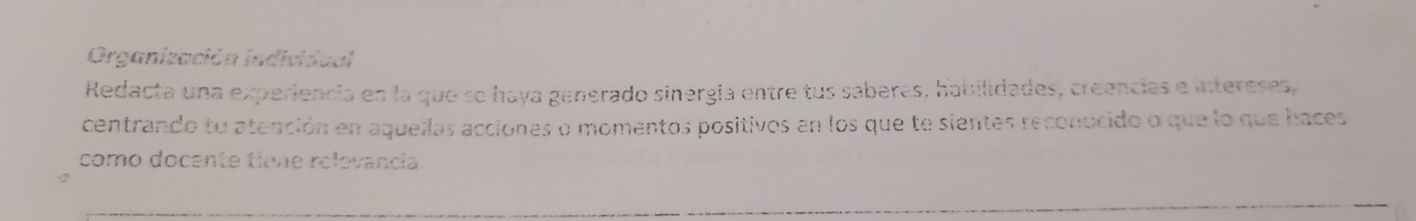 Organización individual 
Redacta una experiencia en la que so haya generado sinergia entre tus saberes, habilidades, creencias e intereses, 
centrando tu atención en aqueilas acciones o momentos positivos an los que te sientes reconocido o que lo que haces 
como docente tiene relevancia