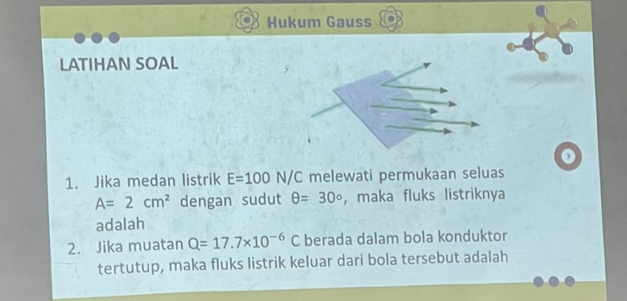 Hukum Gauss 
LATIHAN SOAL 
1. Jika medan listrik E=100N/C melewati permukaan seluas
A=2cm^2 dengan sudut θ =30° ,maka fluks listriknya 
adalah 
2. Jika muatan Q=17.7* 10^(-6)C berada dalam bola konduktor 
tertutup, maka fluks listrik keluar dari bola tersebut adalah