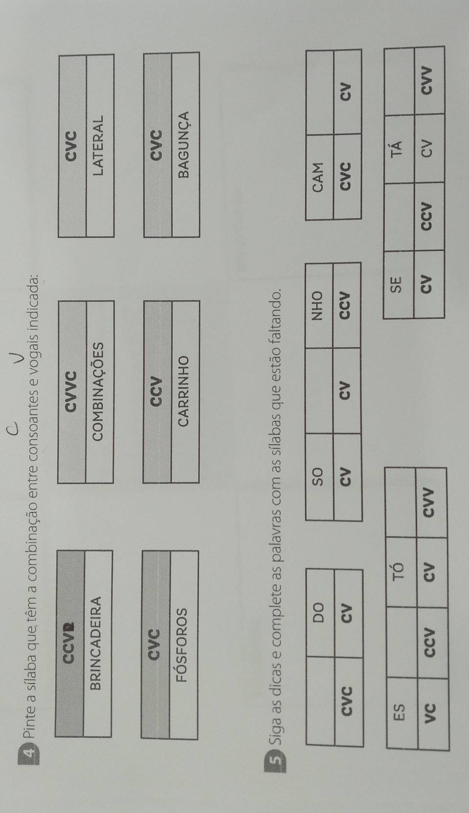 Pinte a sílaba que têm a combinação entre consoantes e vogais indicada:

50 Siga as dicas e complete as palavras com as sílabas que estão faltando.