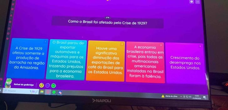 Como o Brasil foi afetado pela Crise de 1929?
Brasil parou de
A economia
A Crise de 1929 exportar Houve uma brasileira entrou em
automóveis e significativa
afetou somente a máquinas para os diminução das crise, pois todas as Crescimento do
produção de Estados Unidos, exportações de multinacionais desemprego nos
borracha na região trazendo prejuízos café do Brasil para americanas Estados Unidos
da Amazônia. os Estados Unidos. instaladas no Brasil
para a economia
brasileira.
foram à falência.
Rafuel da godbridge
Peoguisa Allerta de cima
1, 1 0 (
NAPOLI