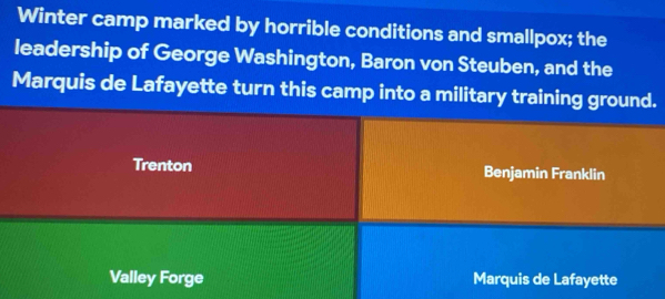 Winter camp marked by horrible conditions and smallpox; the 
leadership of George Washington, Baron von Steuben, and the 
Marquis de Lafayette turn this camp into a military training ground. 
Trenton Benjamin Franklin 
Valley Forge Marquis de Lafayette