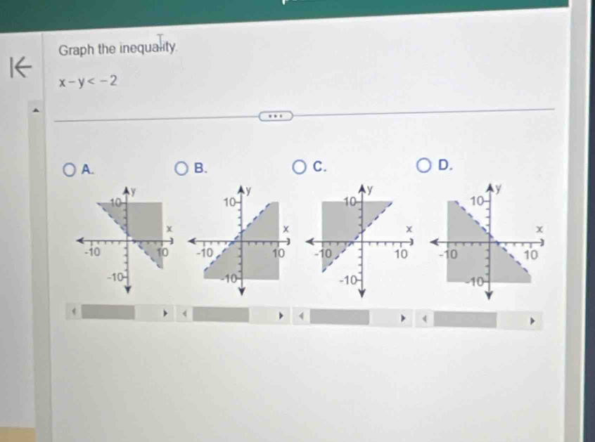 Graph the inequality.
x-y
A. 
B. 
C. 
D.

4