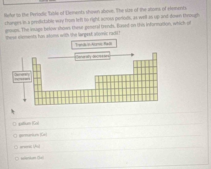 Solved: Refer to the Periodic Table of Elements shown above. The size ...