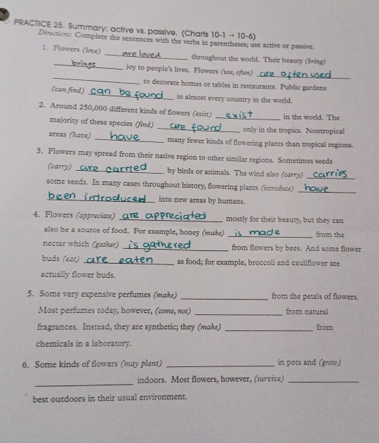 PRACTICE 25. Summary: active vs. passive. (Charts 10-1to 10-6)
Direction: Complete the sentences with the verbs in parentheses; use active or passive. 
_ 
1. Flowers (lote) _throughout the world. Their beauty (bring) 
_ 
_ 
joy to people's lives. Flowers (use, often) 
to decorate homes or tables in restaurants. Public gardens 
(can find) _in almost every country in the world. 
2. Around 250,000 different kinds of flowers (exist) _in the world. The 
majority of these species (find) _only in the tropics. Nontropical 
areas (have) _many fewer kinds of flowering plants than tropical regions. 
3. Flowers may spread from their native region to other similar regions. Sometimes seeds 
(carry) _by birds or animals. The wind also (carry)_ 
some seeds. In many cases throughout history, flowering plants (itroduce)_ 
_into new areas by humans. 
4. Flowers (appreciate) _mostly for their beauty, but they can 
also be a source of food. For example, honey (make) _from the 
nectar which (gather) _from flowers by bees. And some flower 
buds (eat) _as food; for example, broccoli and cauliflower are 
actually flower buds. 
5. Some very expensive perfumes (make) _from the petals of flowers. 
Most perfumes today, however, (come, not) _from natural 
fragrances. Instead, they are synthetic; they (make) _from 
chemicals in a laboratory. 
6. Some kinds of flowers (may plant) _in pots and (grow) 
_ 
indoors. Most flowers, however, (survive)_ 
best outdoors in their usual environment.