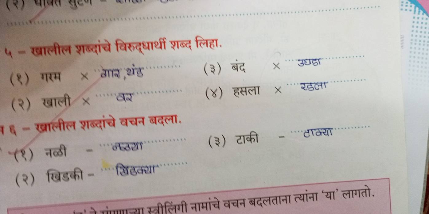 (१) पुवत सुटण म 
५ = खालील शब्दांचे विरुद्धार्थी शब्द लिहा. 
(१) गरम × गार ,थंड (३) बंद × '''3üg' 
(२) खाली × ''वर ………… (४) हसला × ""खडला ...... 
१ ६ - ख़ालील शब्दांचे वचन बदला. 
१) नळी - 'नपठया (३) टाकी - "टाक्या 
(२) खिडकी - …खिडक्य…… 
ंाज्या स्त्रीलिंगी नामांचेवचन बदलताना त्यांना ‘या’ लागतो.