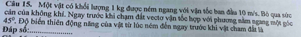 Một vật có khối lượng 1 kg được ném ngang với vận tốc ban đầu 10 m/s. Bỏ qua sức 
cản của không khí. Ngay trước khi chạm đất vectơ vận tốc hợp với phương nằm ngang một góc
45° T Độ biến thiên động năng của vật từ lúc ném đến ngay trước khi vật cham đất là 
Đáp số:_