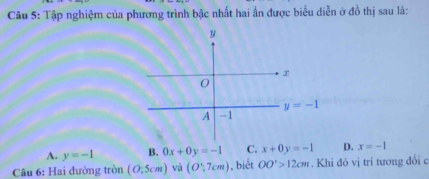 Tập nghiệm của phương trình bậc nhất hai ẩn được biểu diễn ở đồ thị sau là:
A. y=-1 B. 0x+0y=-1 x+0y=-1 D. x=-1
Câu 6: Hai đường tròn (O;5cm)va(O';7cm) , biết OO'>12cm. Khi đó vị trí tương đổi c