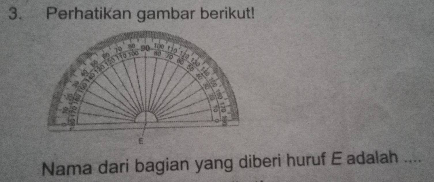 Perhatikan gambar berikut!
70
120
80 70 6 13º
tào táo Tàờ tốc 90 100 110
50
a 40
D 
E 
Nama dari bagian yang diberi huruf E adalah ....