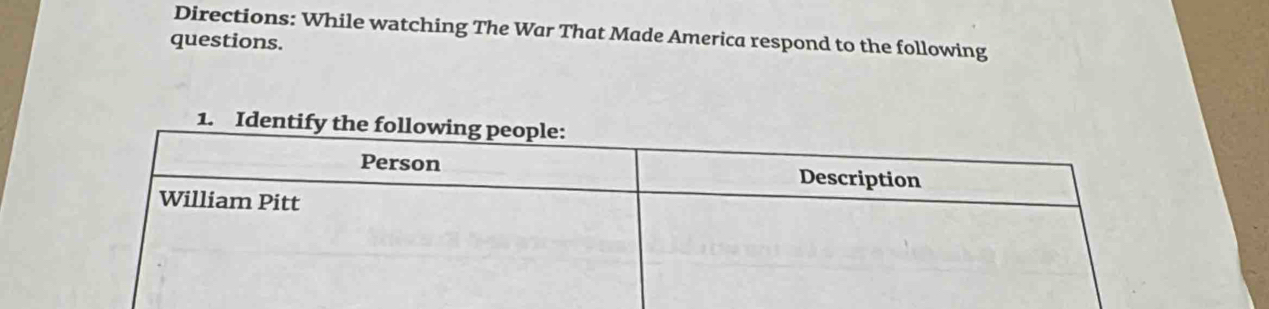 Directions: While watching The War That Made America respond to the following 
questions. 
1. Ide