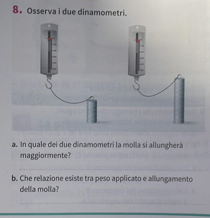 Osserva i due dinamometri. 
a. In quale dei due dinamometri la molla si allungherà 
maggiormente? 
_ 
b. Che relazione esiste tra peso applicato e allungamento 
della molla? 
_