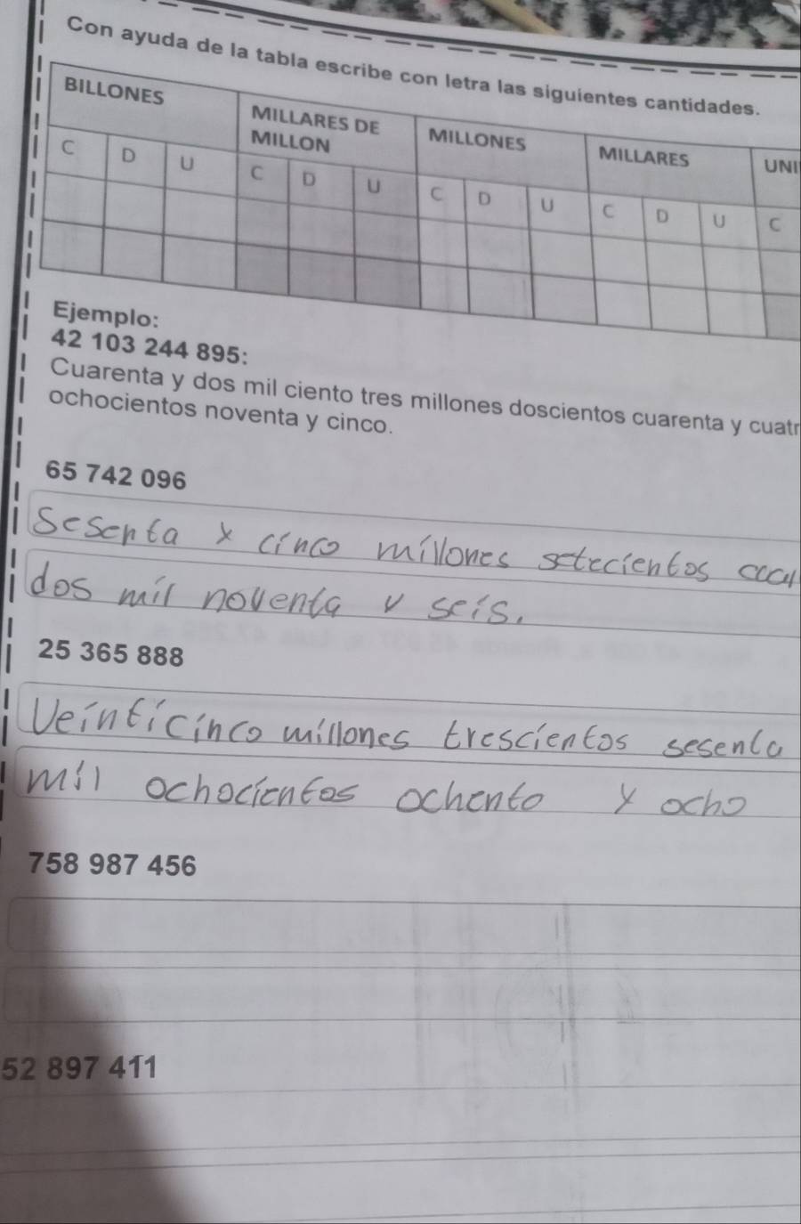 Con ayuda de 
I 
895: 
Cuarenta y dos mil ciento tres millones doscientos cuarenta y cuatr 
ochocientos noventa y cinco.
65 742 096
25 365 888
758 987 456
52 897 411