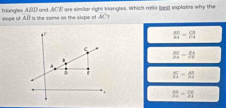 Triangles ABD and ACE are similar right triangles. Which ratio best explains why the
slope of overline AB is the same as the slope of overline AC ?
y
 BD/BA = CE/CA 
C
 BD/DA = EA/CE 
B
A
D E
 AC/EA = AB/DA 
×
 BD/DA = CE/EA 