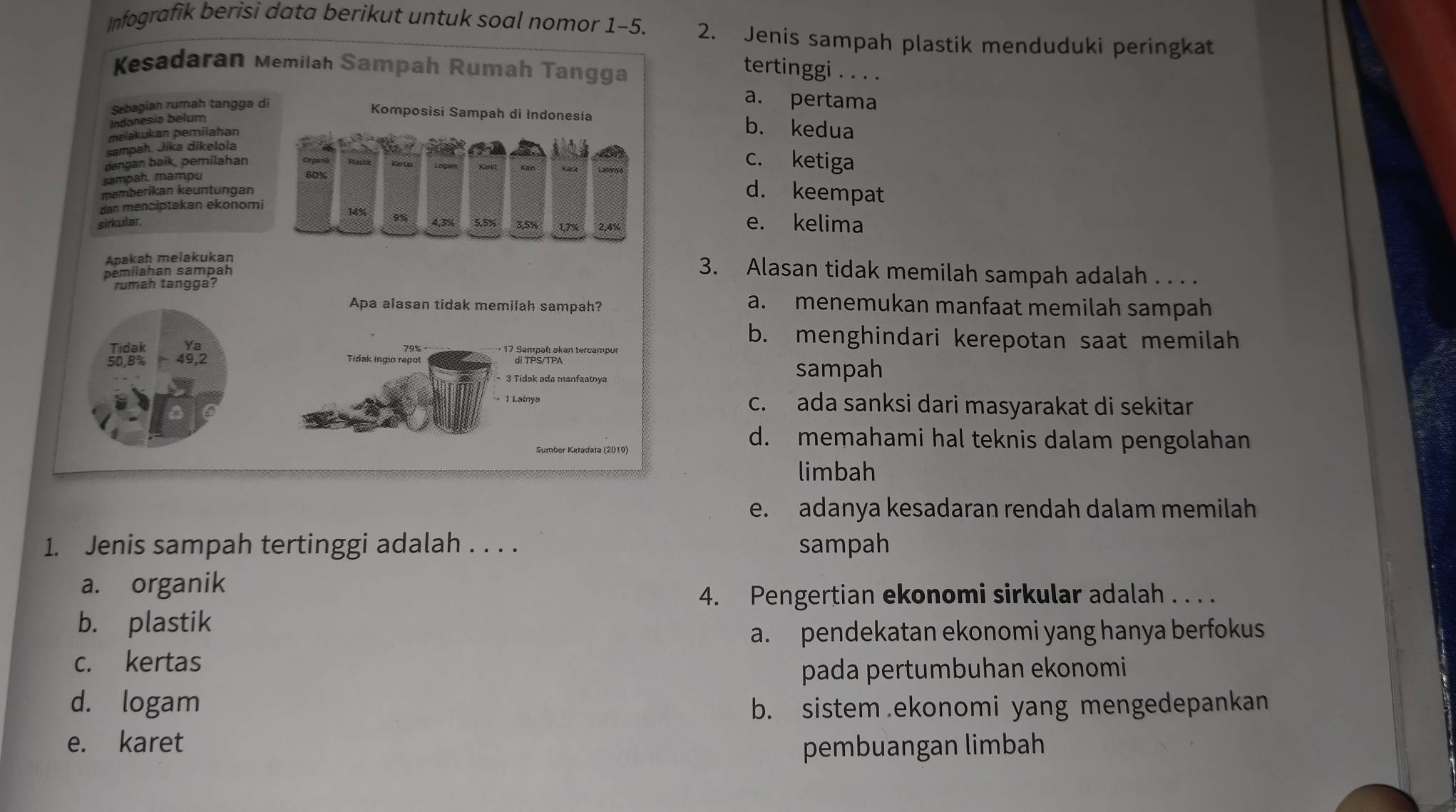 Infografik berisi data berikut untuk soal nomor 1-5. 2. Jenis sampah plastik menduduki peringkat
Kesadaran Memilah Sampah Rumah Tangga
tertinggi . . . .
Sebagian rumah tangga di
a. pertama
Indonesia belum
Komposisi Sampah di Indonesia b. kedua
melakukan pemilahan
sampah. Jika dikelola
dengan baik, pemilahan
Kaca
c. ketiga
sampah. mampu
memberikan keuntungan
d. keempat
dan menciptakan ekonomi 14% 3, 5% 1, 7% 2, 4% e. kelima
sirkular.
9% 4, 3% 5, 5%
Apakah melakukan
pémilahan sampah
3. Alasan tidak memilah sampah adalah . . . .
rumah tangga?
Apa alasan tidak memilah sampah?
a. menemukan manfaat memilah sampah
b. menghindari kerepotan saat memilah
+ 17 Sampah akan tercampur
45°2 Tidak ingin repot di TPS/TPA sampah
- 3 Tidak ada manfaatnya
1 Lainya c. ada sanksi dari masyarakat di sekitar
Sumber Katadata (2019)
d. memahami hal teknis dalam pengolahan
limbah
e. adanya kesadaran rendah dalam memilah
1. Jenis sampah tertinggi adalah . . . . sampah
a. organik
4. Pengertian ekonomi sirkular adalah . . . .
b. plastik
a. pendekatan ekonomi yang hanya berfokus
c. kertas
pada pertumbuhan ekonomi
d. logam b. sistem .ekonomi yang mengedepankan
e. karet
pembuangan limbah