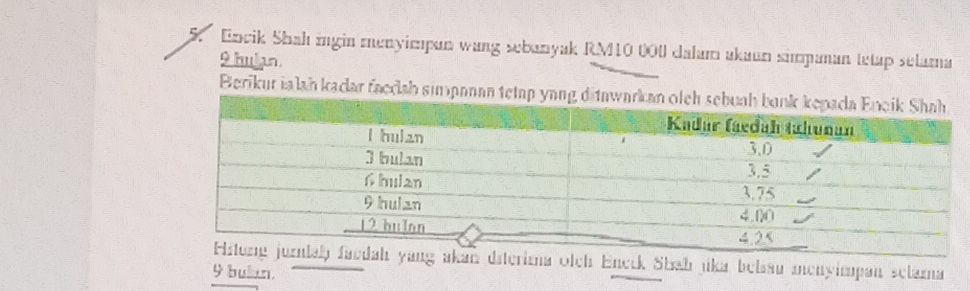 Encik Shah ingin menyimpan wang sebanyak RM10 000 dalam akaun simpanan tetap selama
9 hulan 
Berikur ialah kadar faedah simpanan tet 
a otch Enerk Shahjika belsau menyimpan selarna
9 bulan.