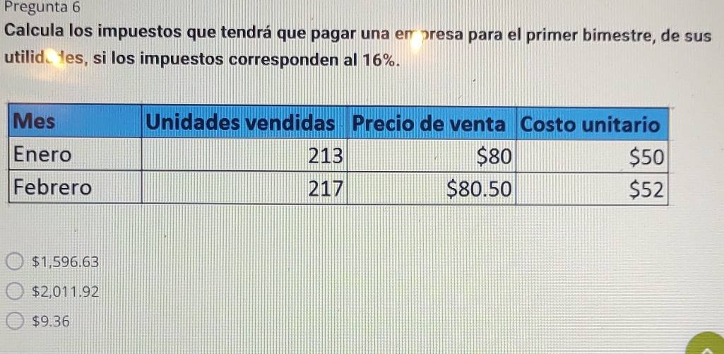 Pregunta 6
Calcula los impuestos que tendrá que pagar una em presa para el primer bimestre, de sus
utilide 1es, si los impuestos corresponden al 16%.
$1,596.63
$2,011.92
$9.36