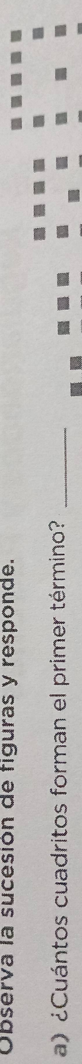 Observa la sucesión de figuras y responde. 
a) ¿Cuántos cuadritos forman el primer término?_