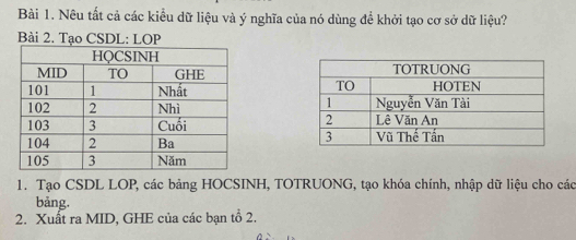 Nêu tất cả các kiểu dữ liệu và ý nghĩa của nó dùng đề khởi tạo cơ sở dữ liệu? 
Bài 2. Tạo CSDL: LOP 



1. Tạo CSDL LOP, các bảng HOCSINH, TOTRUONG, tạo khóa chính, nhập dữ liệu cho các 
bảng. 
2. Xuất ra MID, GHE của các bạn tổ 2.