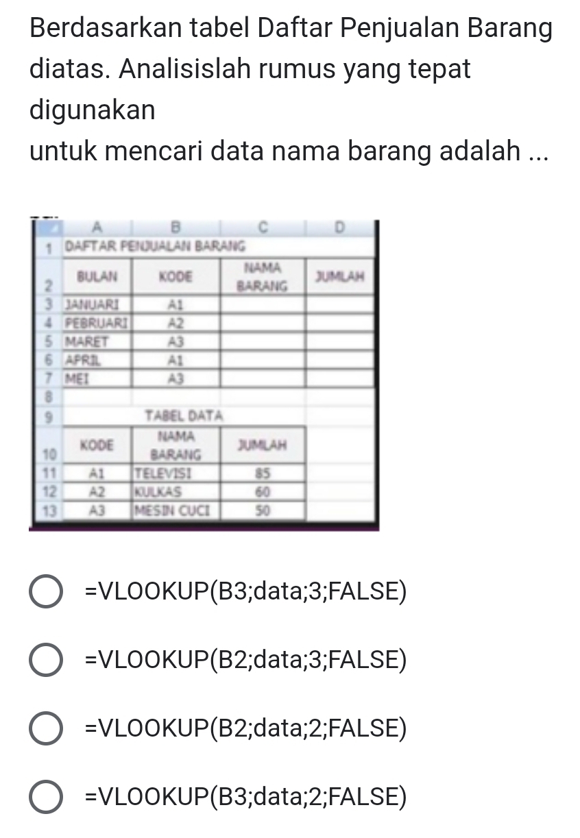 Berdasarkan tabel Daftar Penjualan Barang
diatas. Analisislah rumus yang tepat
digunakan
untuk mencari data nama barang adalah ...
=VLOOKUP(B3 3;data; 3;FALSE)
=VLOOKUP(B2 2;data; 3;FALSE)
= VLO 0KUP (B2;data; 2;FALSE)
=VL ( DOKUP(B3;data; 2;FALSE)